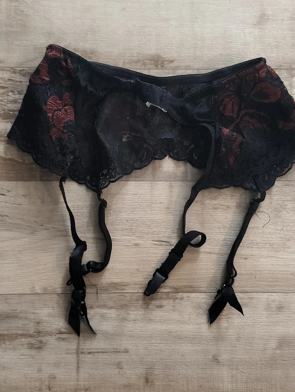 Victoria's Secret Black Lace Garter Belt with Burgundy Floral Underlay